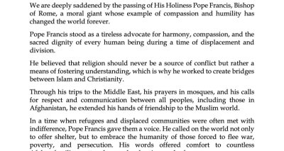 Statement by the Coordination Council of the Diplomatic and Consular Missions of the Islamic Republic of Afghanistan on the Passing of His Holiness Pope Francis