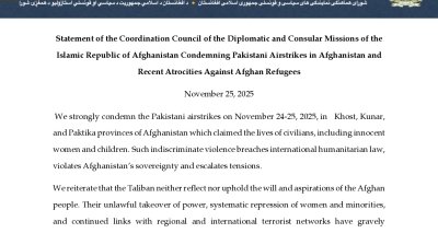 Statement of the Coordination Council of the Diplomatic and Consular Missions of the Islamic Republic of Afghanistan Condemning Pakistani Airstrikes in Afghanistan and Recent Atrocities Against Afghan Refugees