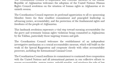 Statement of the Coordination Council of Diplomatic and Consular Missions of the Islamic Republic of Afghanistan on the Adoption of the United Nations Human Rights Council Resolution on the Situation of Human Rights in Afghanistan