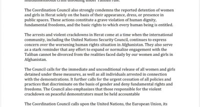 Statement of the Coordination Council of the Diplomatic and Consular Missions of the Islamic Republic of Afghanistan Condemning the Taliban’s Detention of Women and Girls and the Violent Crackdown on Peaceful Demonstrators in Herat, Afghanistan
