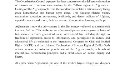 Statement of the Coordination Council of Diplomatic and Consular Missions of the Islamic Republic of Afghanistan Condemning Taliban’s Nationwide Internet Blackout in Afghanistan