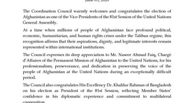 Statement of the Coordination Council of the Diplomatic and Consular Missions of the Islamic Republic of Afghanistan on the Election of Afghanistan as Vice-President of the 81st Session of the United Nations General Assembly