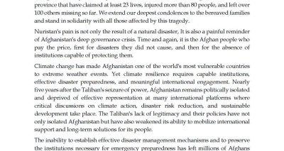 Statement by the Coordination Council of the Diplomatic and Consular Missions of the Islamic Republic of Afghanistan on the Devastating Floods in Nuristan