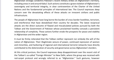 Statement by the Coordination Council of the Diplomatic and Consular Missions of the Islamic Republic of Afghanistan On Violations of Afghanistan’s Territorial Integrity by Pakistan and the Taliban’s Visit to India