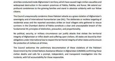 Statement by the Coordination Council of the Diplomatic and Consular Missions of the Islamic Republic of Afghanistan  on the Recent Pakistani Military Airstrikes and Civilian Casualties in Paktia, Paktika and Kunar Provinces