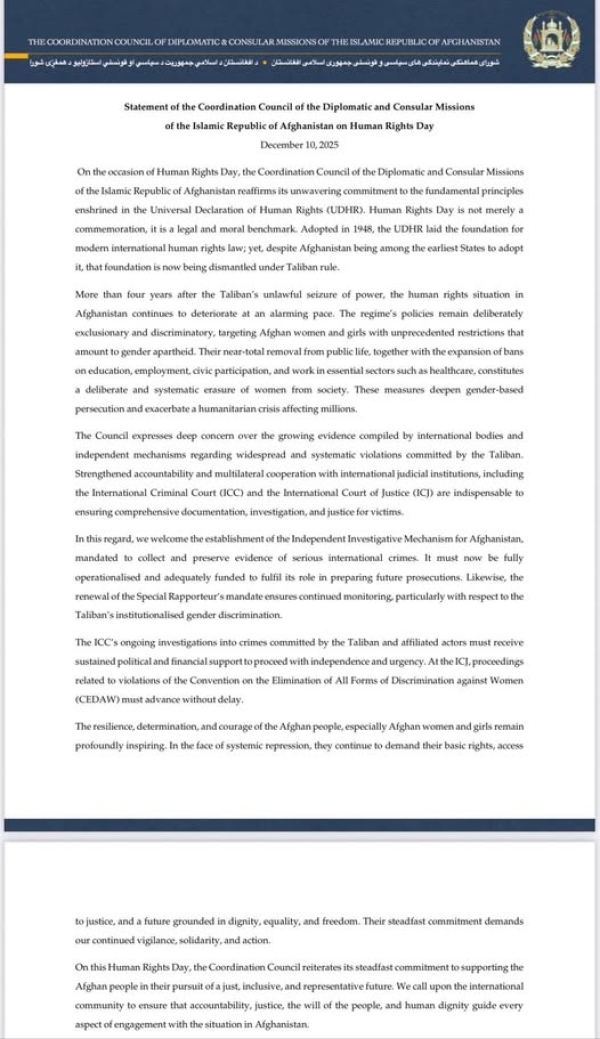 Statement of the Coordination Council of the Diplomatic and Consular Missions of the Islamic Republic of Afghanistan on the Human Rights Day