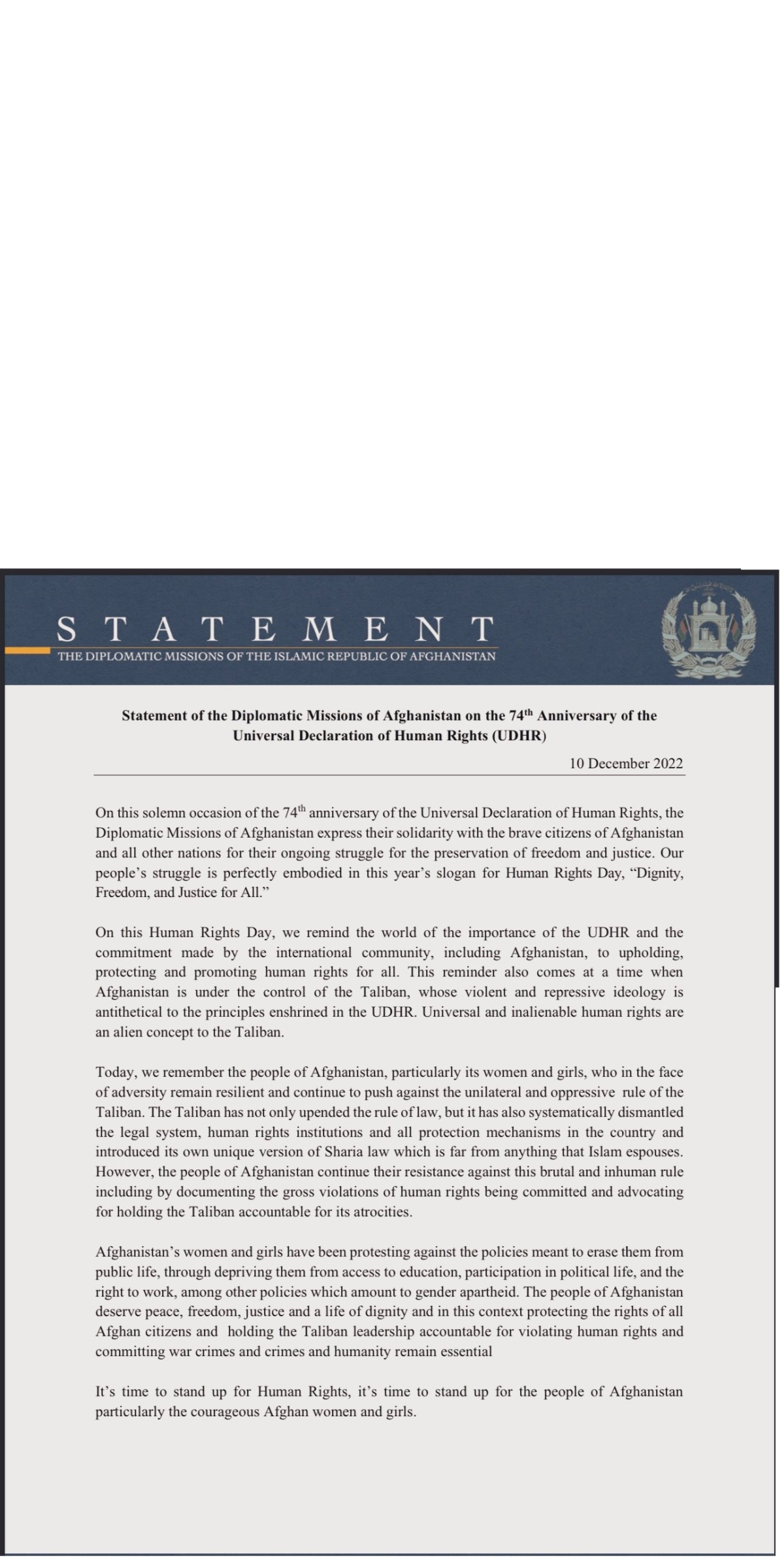 STATEMENT OF THE DIPLOMATIC MISSIONS OF AFGHANISTAN ON THE 74TH ANNIVERSARY OF THE UNIVERSAL DECLARATION OF HUMAN RIGHTS (UDHR)