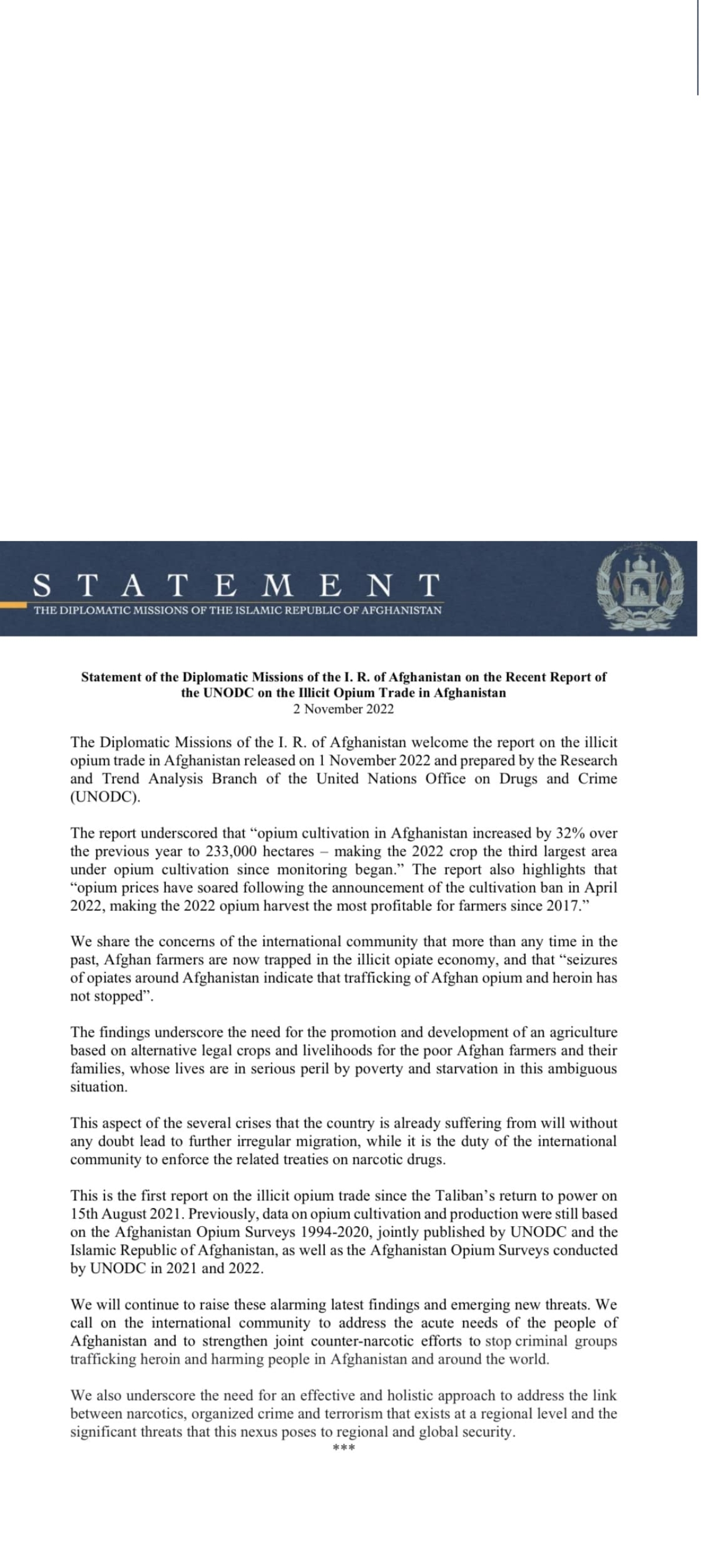 STATEMENT OF THE DIPLOMATIC MISSIONS OF AFGHANISTAN ON THE RECENT REPORT OF UNODC IN AFGHANISTAN
