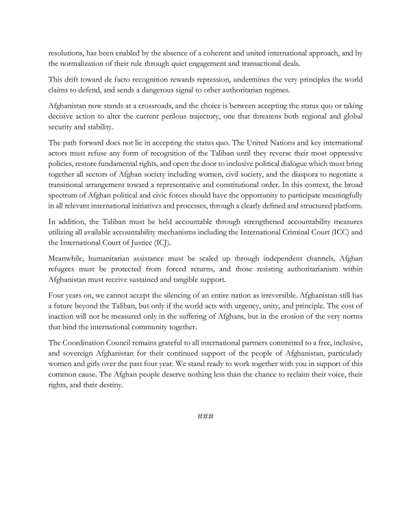 Statement by the Coordination Council of the Diplomatic and Consular Missions of the Islamic Republic of Afghanistan on the Four-Year Mark since the Taliban’s Forced Takeover of Kabul