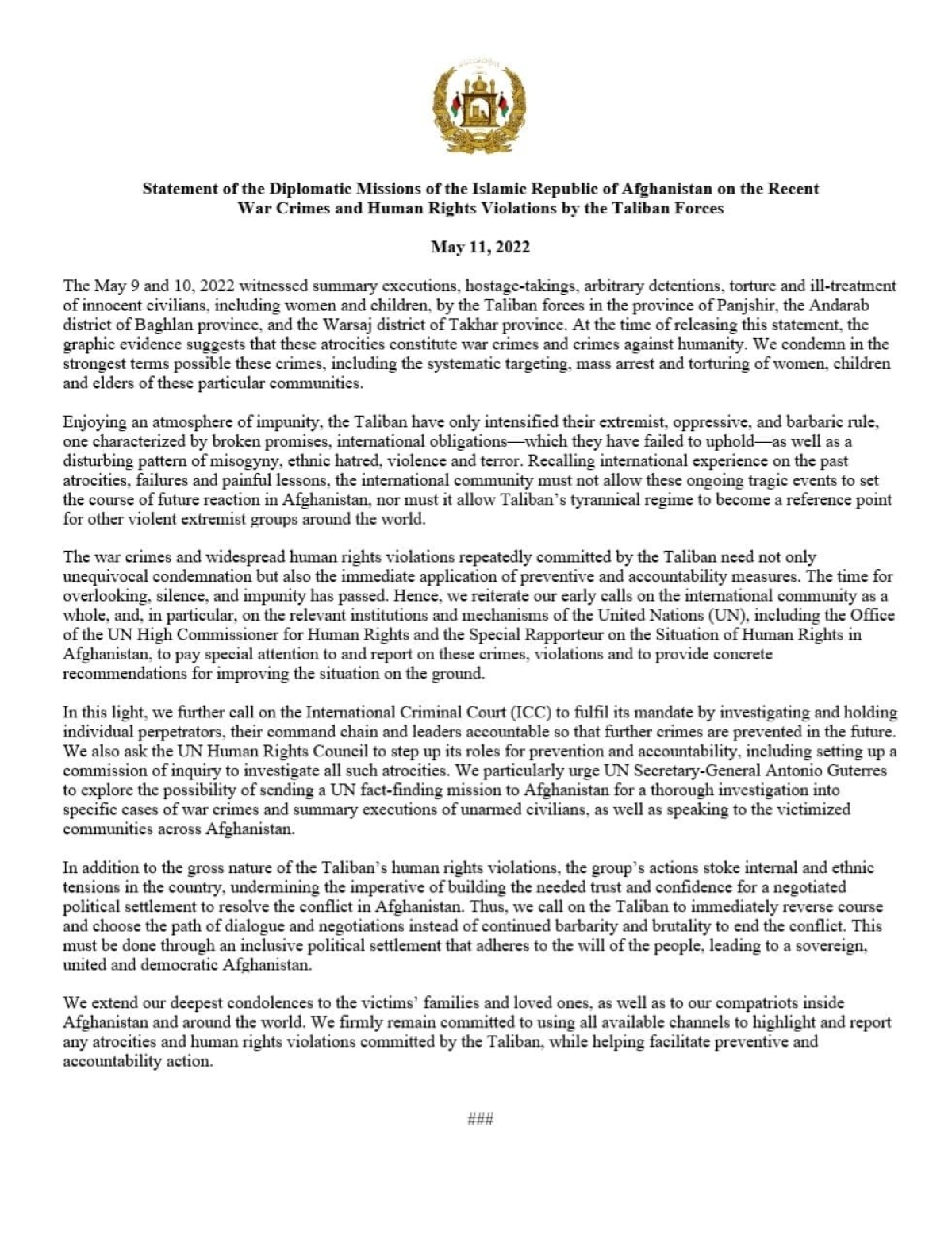 STATEMENT OF THE DIPLOMATIC MISSIONS OF THE ISLAMIC REPUBLIC OF AFGHANISTAN ON THE RECENT WAR CRIMES AND HUMAN RIGHTS VIOLATION BY THE TALIBAN FORCES