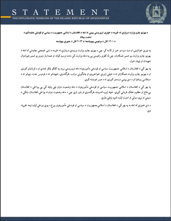 THE MESSAGE OF CONDOLENCE OF THE DIPLOMATIC MISSIONS OF THE ISLAMIC REPUBLIC OF AFGHANISTAN IN RELATION TO TODAY'S TERRORIST ATTACK AT THE ENTRANCE OF THE MINISTRY OF FOREIGN AFFAIRS IN KABUL
