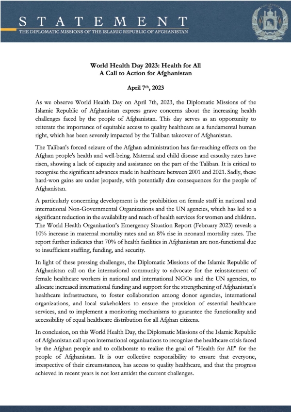 STATEMENT OF THE DIPLOMATIC MISSIONS OF THE ISLAMIC REPUBLIC OF AFGHANISTAN ON THE WORLD HEALTH DAY 2023