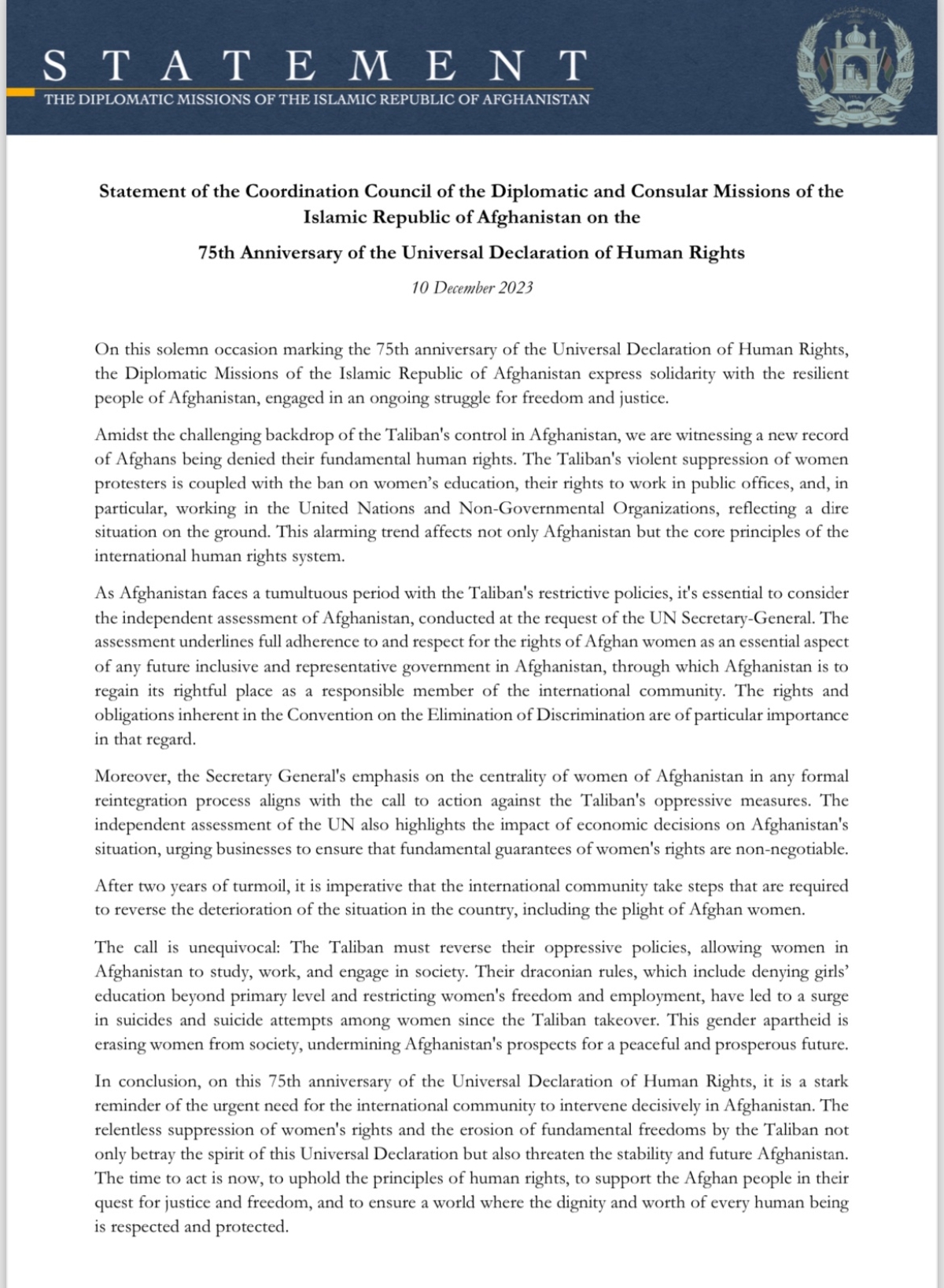 Statement of the Coordination Council of the Diplomatic and Consular Missions of the Islamic Republic of Afghanistan on the 75th Anniversary of the Universal Declaration of Human Rights
