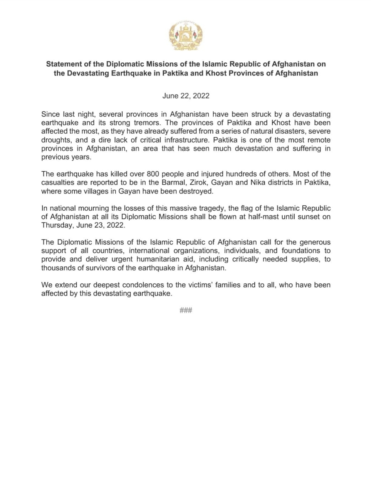 STATEMENT OF THE DIPLOMATIC MISSIONS OF THE ISLAMIC REPUBLIC OF AFGHANISTAN ON THE DEVASTATING EARTHQUAKE IN PAKTIKA AND KHOST PROVINCES OF AFGHANISTAN