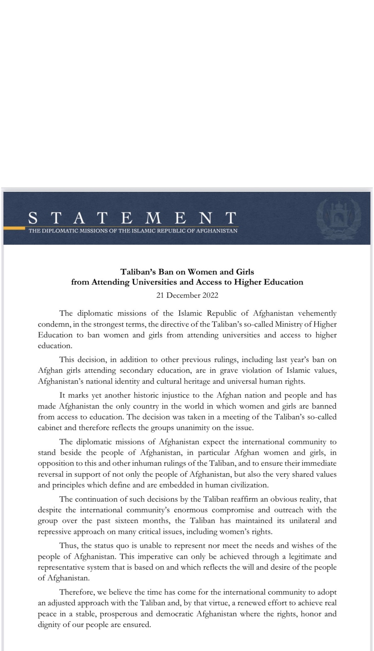 STATEMENT OF THE DIPLOMATIC MISSIONS OF THE ISLAMIC REPUBLIC OF AFGHANISTAN ON THE TALIBAN'S BAN ON GIRLS FROM ATTENDING UNIVERSITIES AND ACCESS TO HIGHER EDUCATION