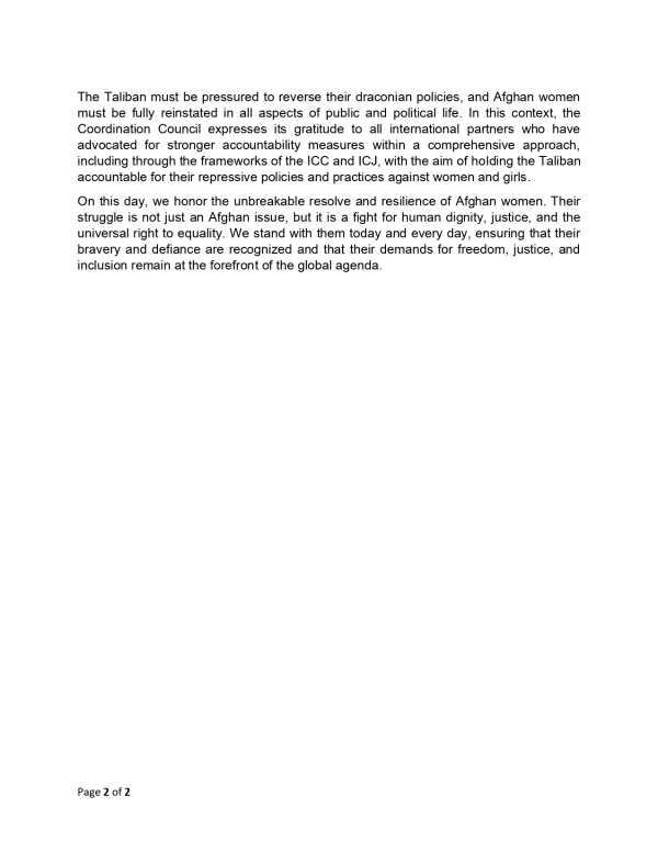 STATEMENT OF THE COOPERATION COUNCIL OF THE DIPLOMATIC AND CONSULAR MISSIONS OF THE ISLAMIC REPUBLIC OF AFGHANISTAN ON THE OCCATION OF INTERNATIONAL WOMEN'S DAY