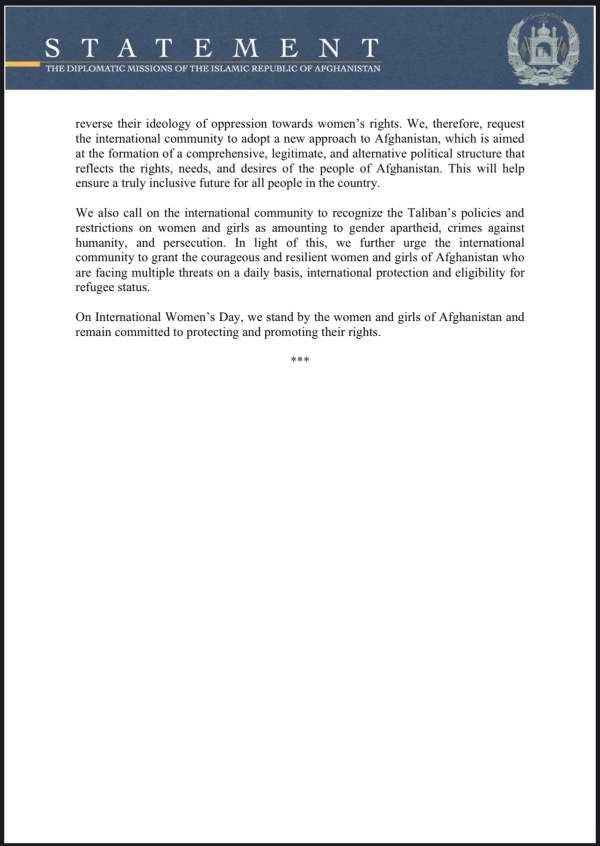STATEMENT OF THE DIPLOMATIC MISSIONS OF THE ISLAMIC REPUBLIC OF AFGHANSITAN ON INTERNATIONAL WOMEN'S DAY