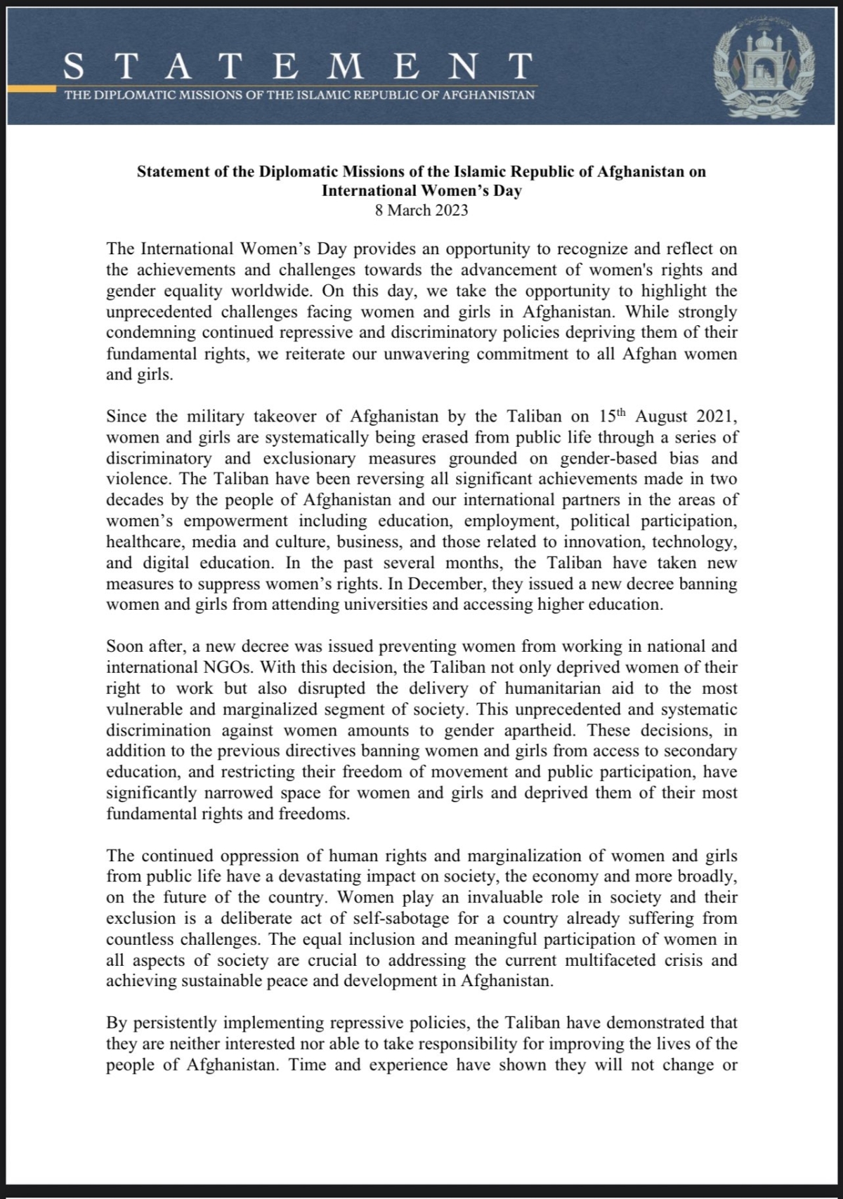 STATEMENT OF THE DIPLOMATIC MISSIONS OF THE ISLAMIC REPUBLIC OF AFGHANSITAN ON INTERNATIONAL WOMEN'S DAY