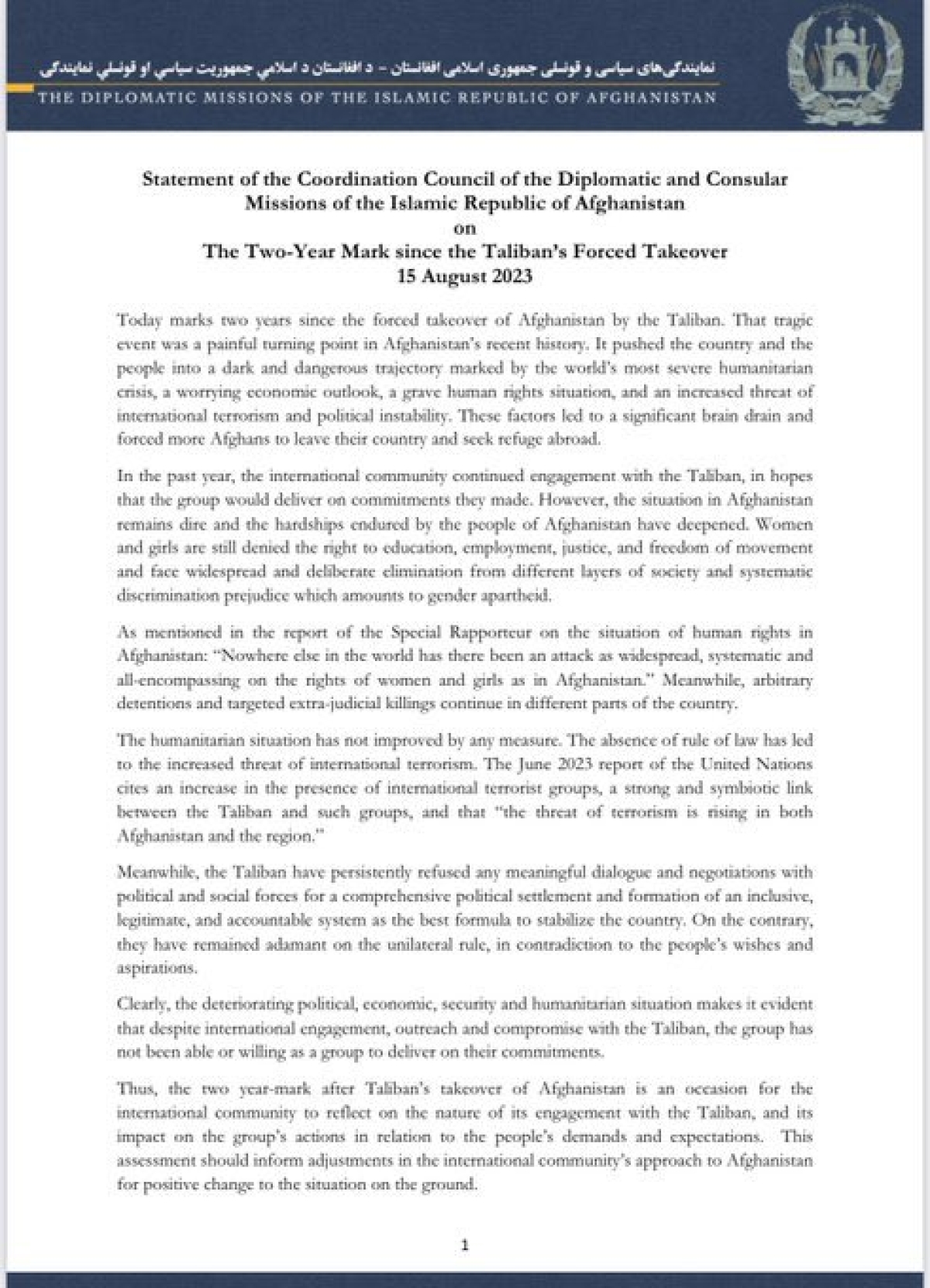 STATEMENT OF THE COORDINATION COUNCIL OF THE DIPLOMATIC AND CONSULAR MISSIONS OF THE ISLAMIC REPUBLIC OF AFGHANISTAN ON THE TWO-YEAR MARK SINCE THE TALIBAN'S FORCED TAKEOVER OF AFGHANISTAN