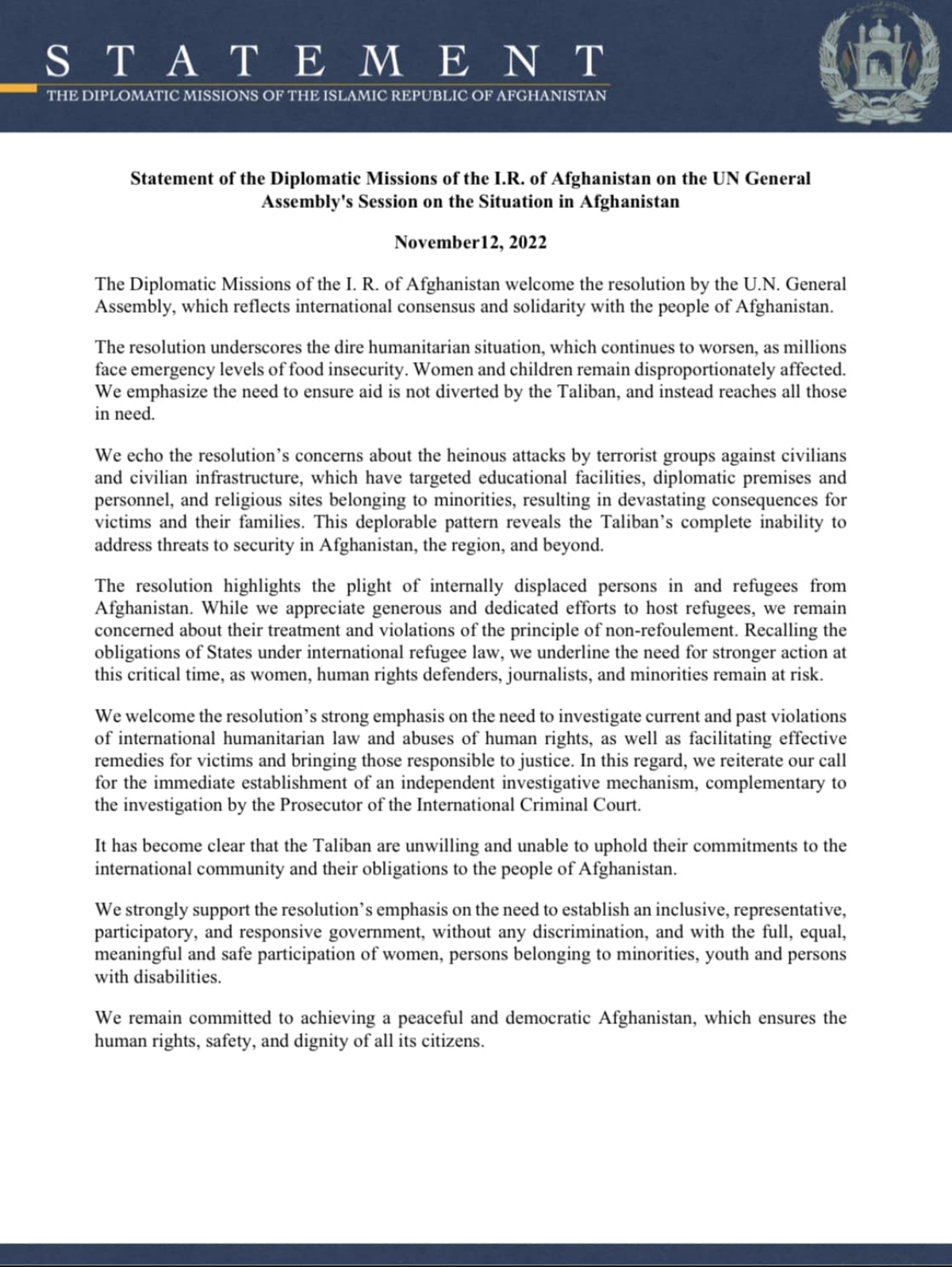 STATEMENT OF THE DIPLOMATIC MISSIONS OF THE ISLAMIC REPUBLIC OF AFGHANISTAN ON THE UN GENERAL ASSEMBLY'S SESSION ON THE SITUATION IN AFGHANISTAN