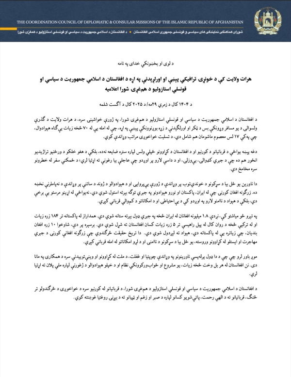 اعلامیۀ شورای هماهنگی نمایندگی&zwnj;های سیاسی و قونسلی جمهوری اسلامی افغانستان دررابطه با فاجعهٔ مرگبار تصادف و آتش&zwnj;سوزی بس مسافربری در ولایت هرات