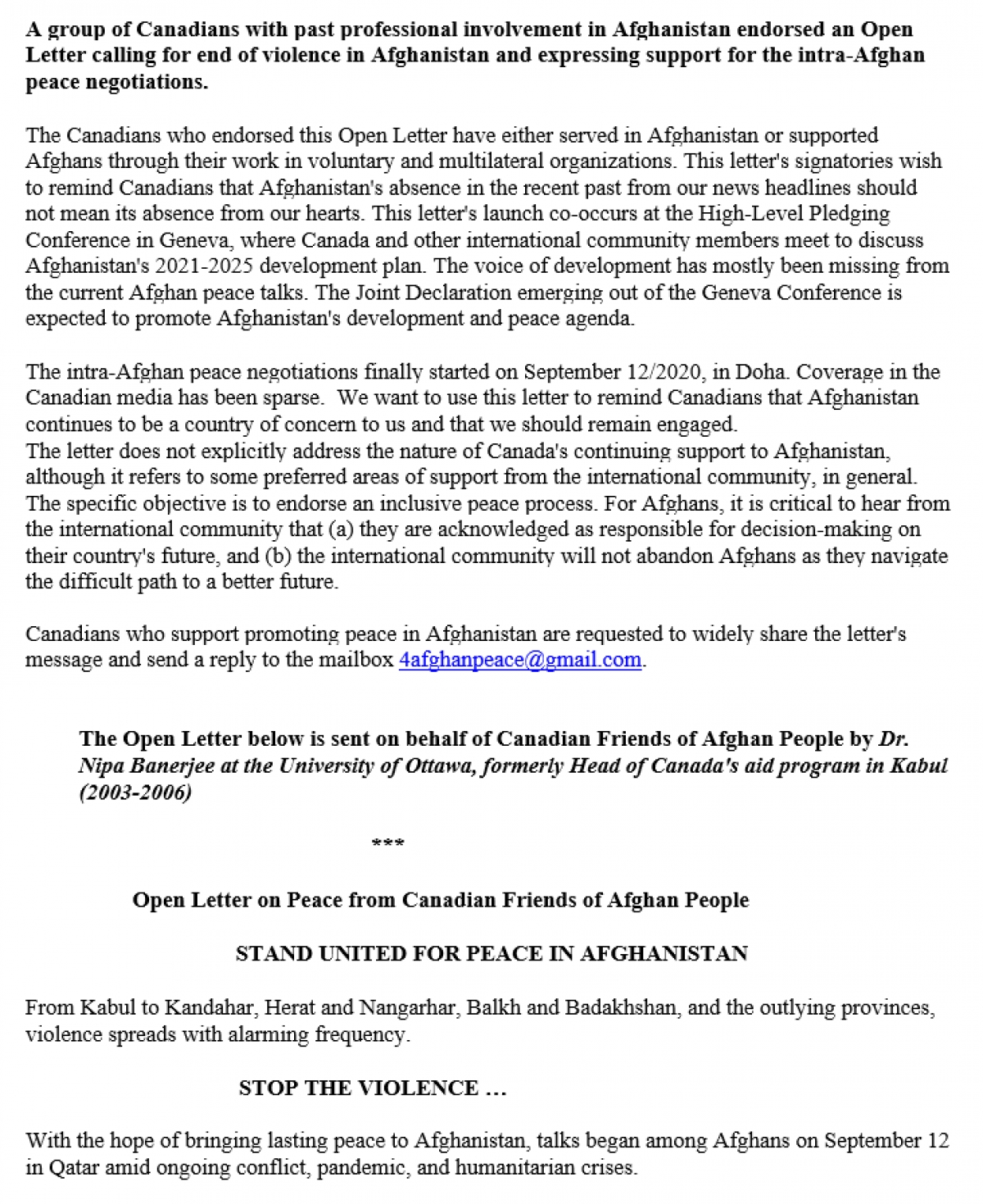 A Group of Canadians with Past Professional Involvement in Afghanistan Endorsed an Open Letter in Support of Peace and Development in Afghanistan