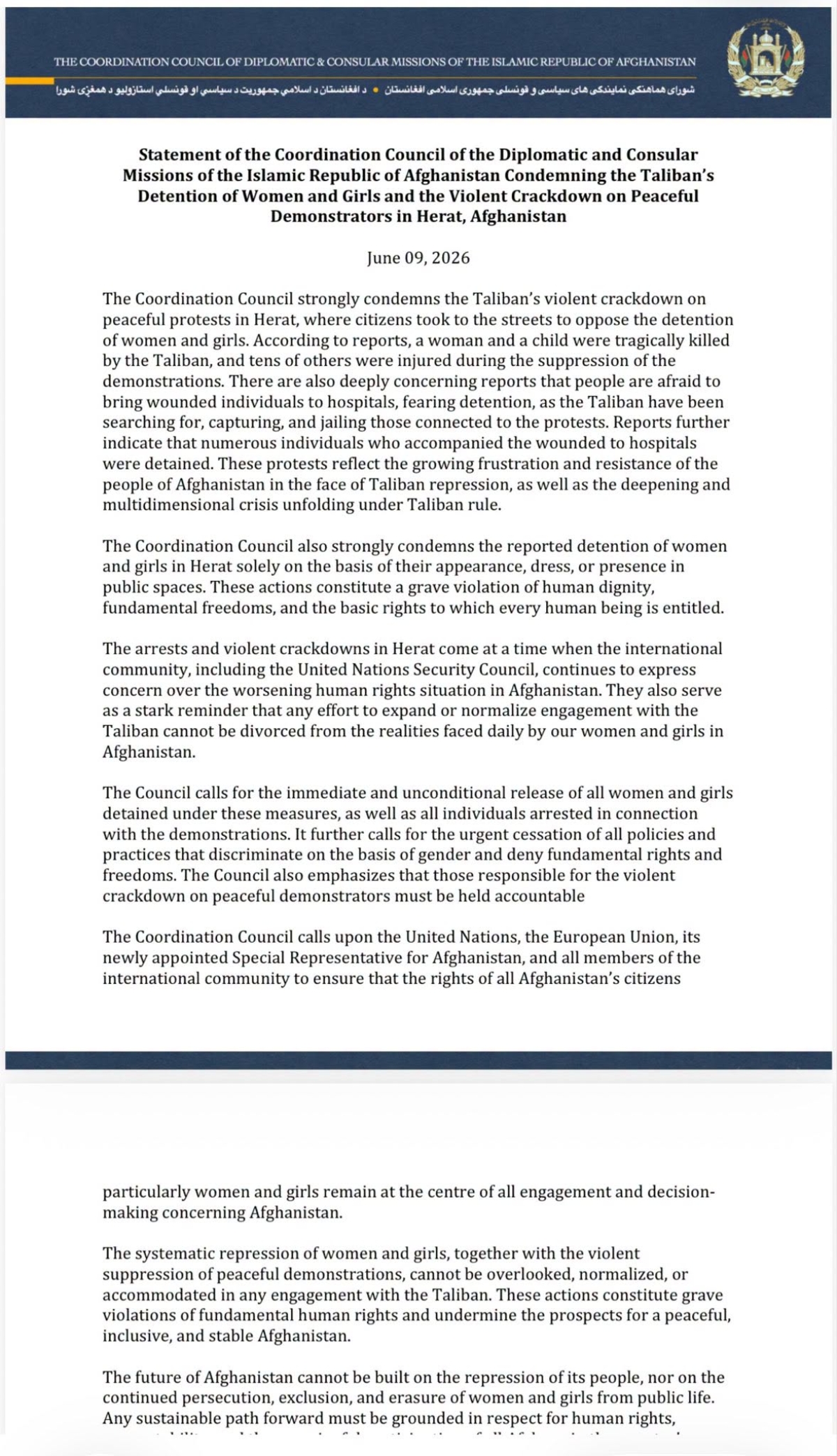 Statement of the Coordination Council of the Diplomatic and Consular Missions of the Islamic Republic of Afghanistan Condemning the Taliban&rsquo;s Detention of Women and Girls and the Violent Crackdown on Peaceful Demonstrators in Herat, Afghanistan