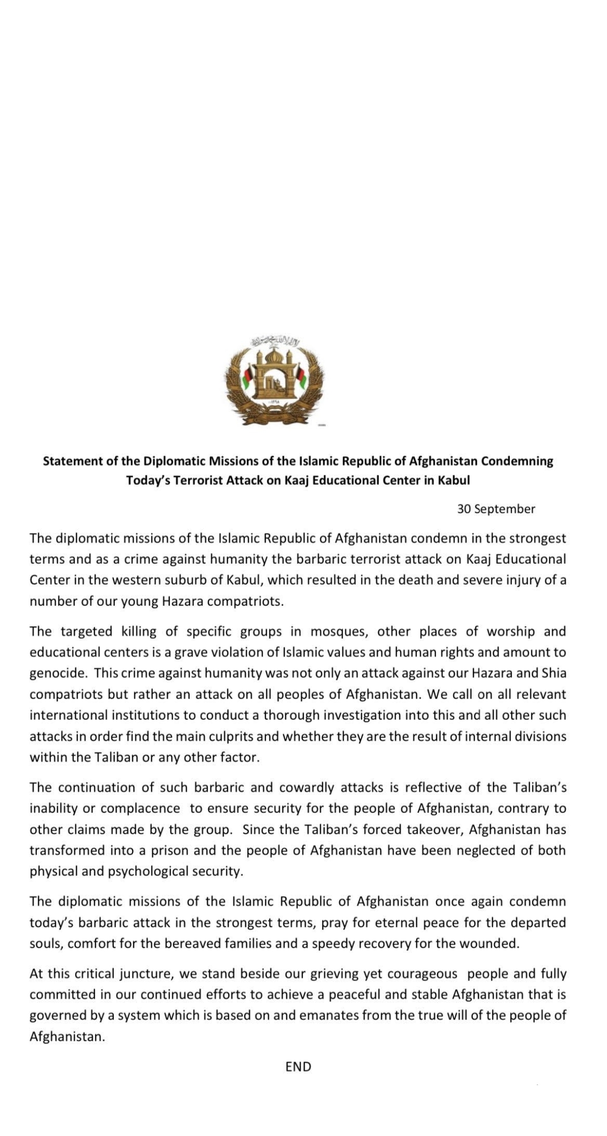 STATEMENT OF THE DIPLOMATIC MISSIONS OF THE ISLAMIC REPUBLIC OF AFGHANISTAN CONDEMNING TERRORIST ATTACK ON KAAJ EDUCATIONAL CENTER IN KABUL
