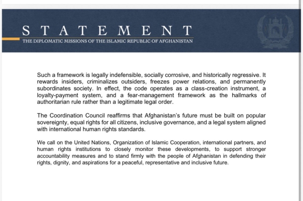 Statement of the Coordination Council of the Diplomatic and Consular Missions of the Islamic Republic of Afghanistan on the Taliban&rsquo;s New Criminal Procedure Code