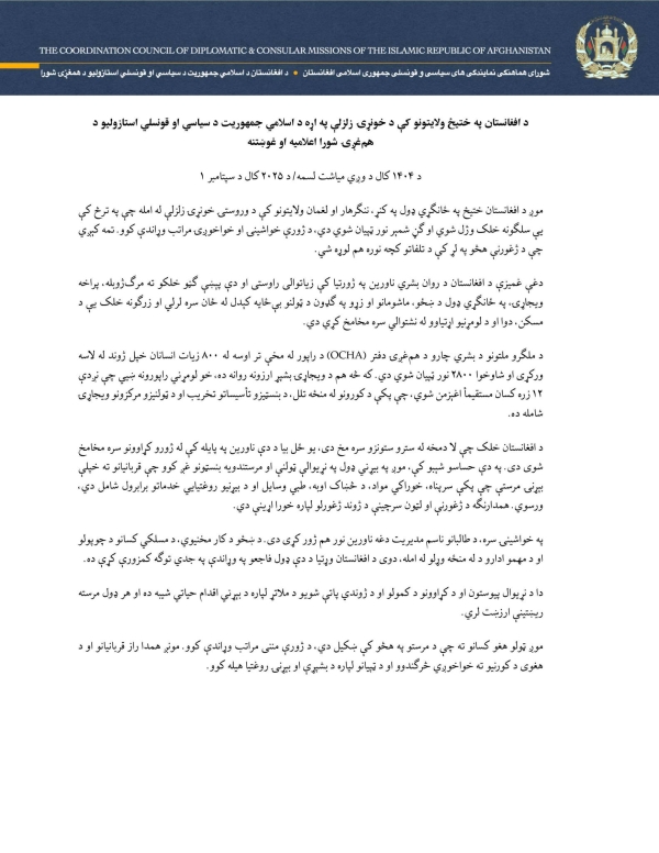 Statement and Appeal of the Coordination Council of the Diplomatic and Consular Missions of the Islamic Republic of Afghanistan on the Devastating Earthquake in Eastern Afghanistan