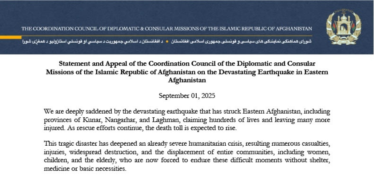 Statement and Appeal of the Coordination Council of the Diplomatic and Consular Missions of the Islamic Republic of Afghanistan on the Devastating Earthquake in Eastern Afghanistan