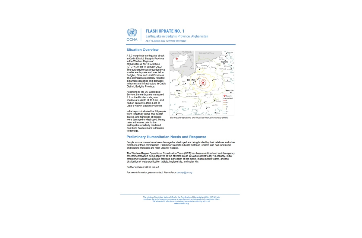 UNOCHA OVERVIEW OF TRAGIC SITUATION FOLLOWING THE RECENT EARTHQUAKE IN BADGHIS, AFGHANISTAN