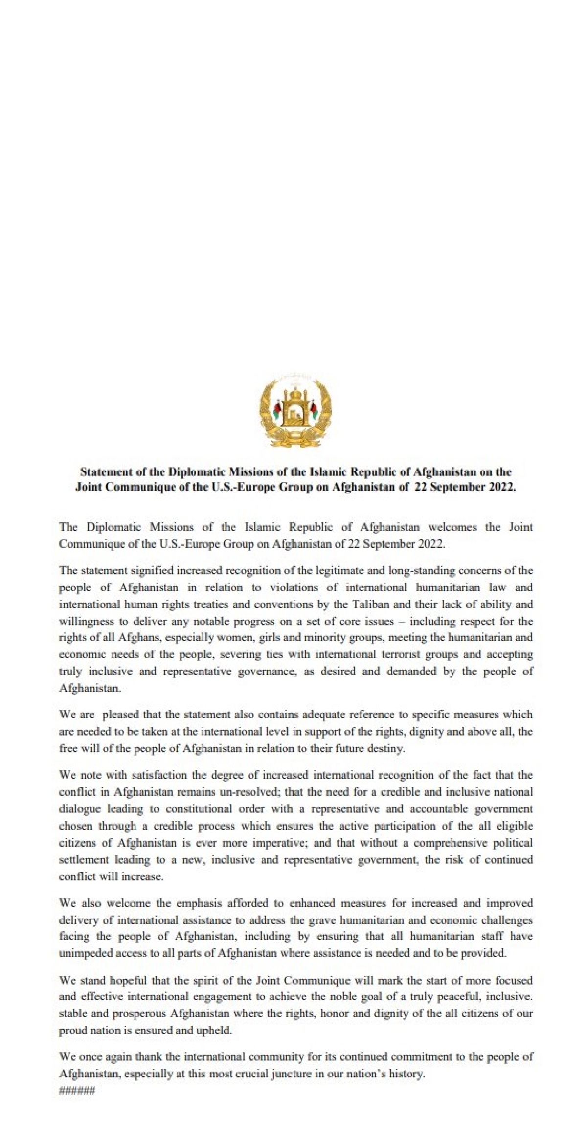 STATEMENT OF THE AFGHANISTAN MISSIONS ON THE JOINT COMMUNIQUE OF THE U.S. - EUROPE GROUP ON AFGHANISTAN