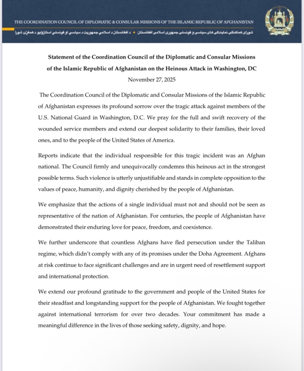 Statement of the Coordination Council of the Diplomatic and Consular Missions of the Islamic Republic of Afghanistan on the Heinous Attack in Washington, DC