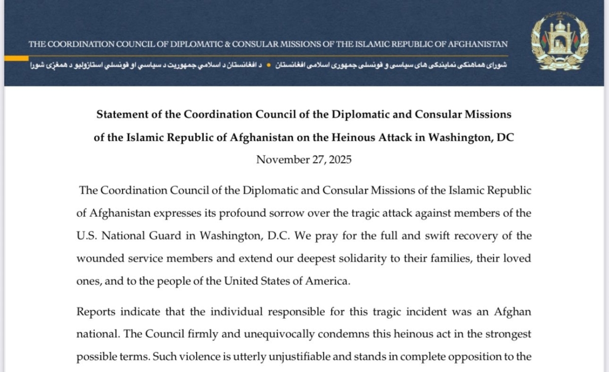 Statement of the Coordination Council of the Diplomatic and Consular Missions of the Islamic Republic of Afghanistan on the Heinous Attack in Washington, DC