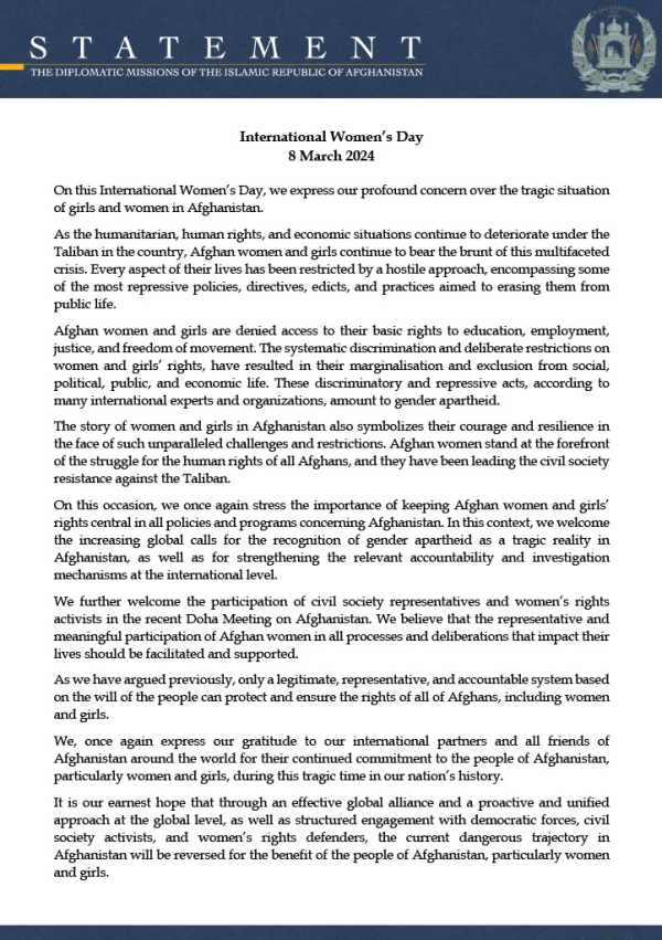 STATEMENT BY THE COORDINATION COUNCIL OF THE DIPLOMATIC AND CONSULAR MISSIONS OF THE ISLAMIC REPUBLIC OF AFGHANISTAN ON INTERNATIONAL WOMEN'S DAY