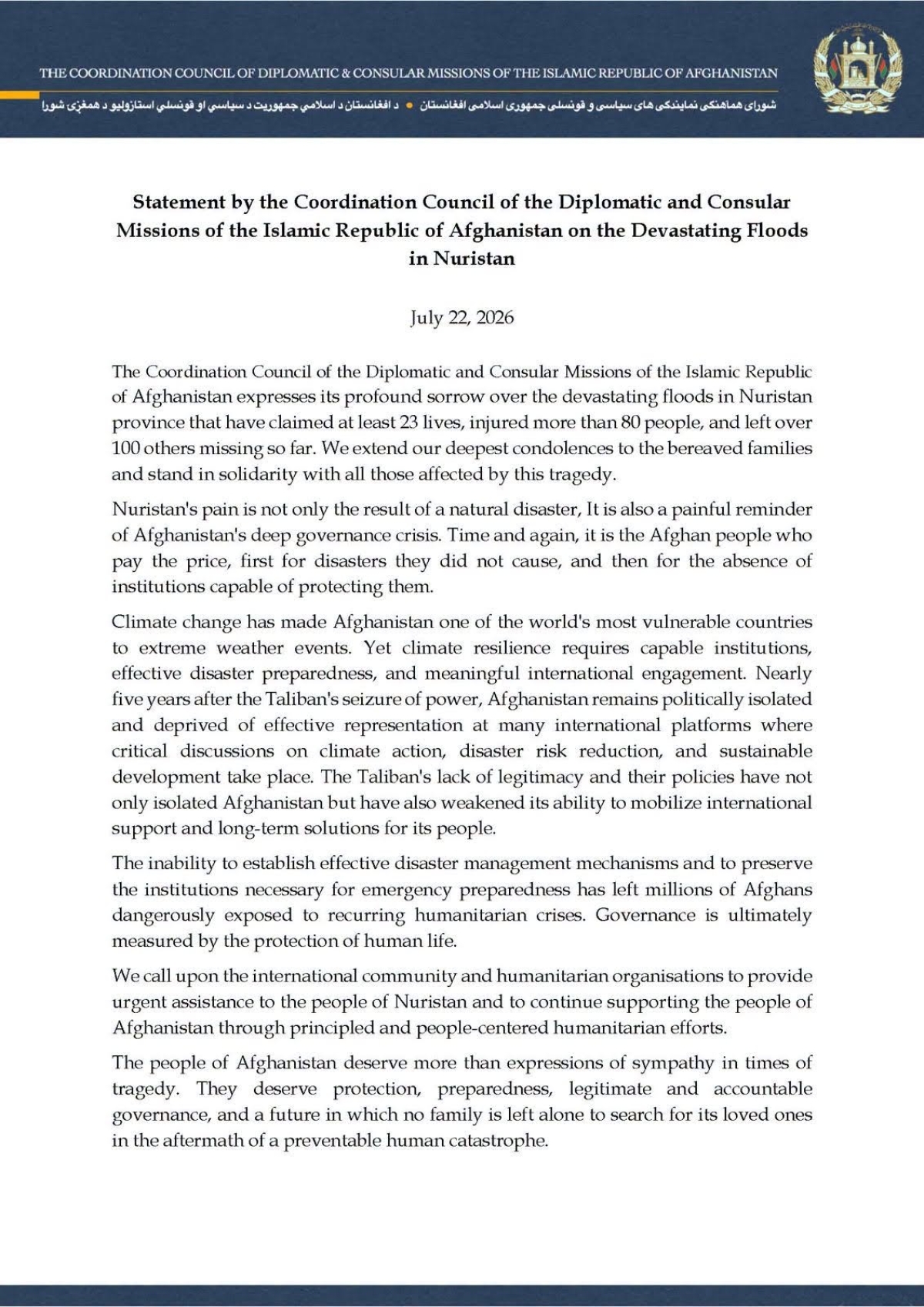 Statement by the Coordination Council of the Diplomatic and Consular Missions of the Islamic Republic of Afghanistan on the Devastating Floods in Nuristan