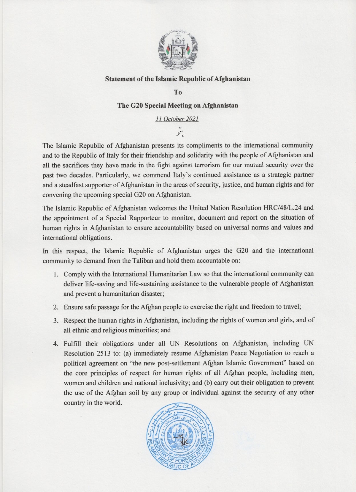 Statement of the Government of the Islamic Republic of Afghanistan to the G20 Special Meeting on Afghanistan