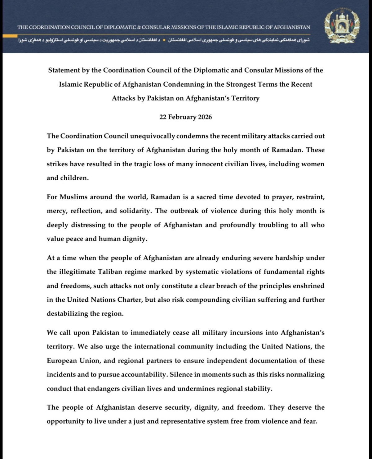 Statement by the Coordination Council of the Diplomatic and Consular Missions of the Islamic Republic of Afghanistan Condemning in the Strongest Terms the Recent Attacks by Pakistan on Afghanistan&rsquo;s Territory