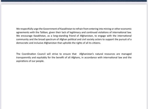 Statement by the Coordination Council of the Diplomatic and Consular Missions of the Islamic Republic of Afghanistan on Kazakhstan's Intention to Enter into a New Mining Exploration Agreement in Afghanistan under the Taliban Regime
