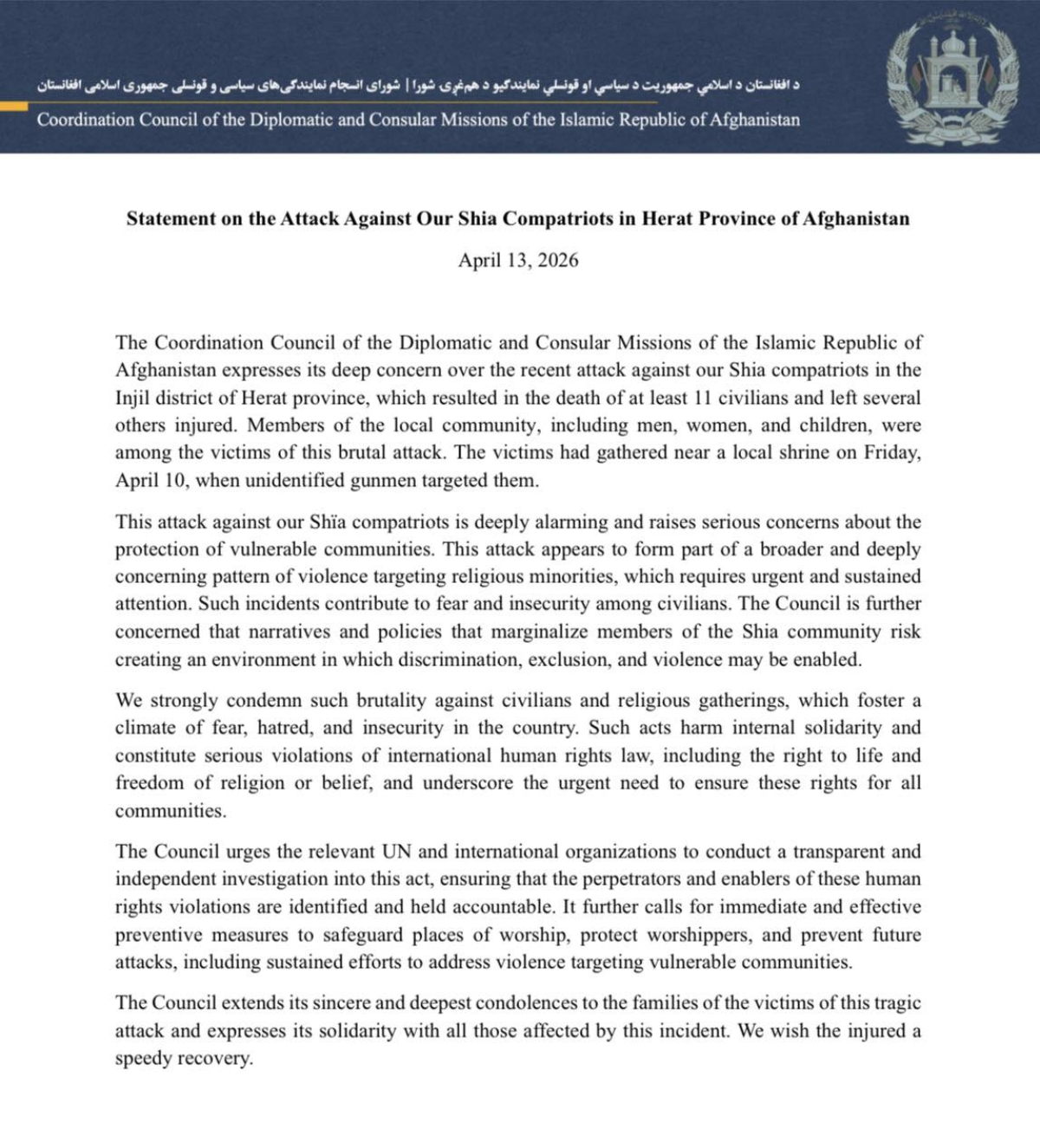 Statement on the Attack Against our Shia Compatriots in Herat Province of Afghanistan