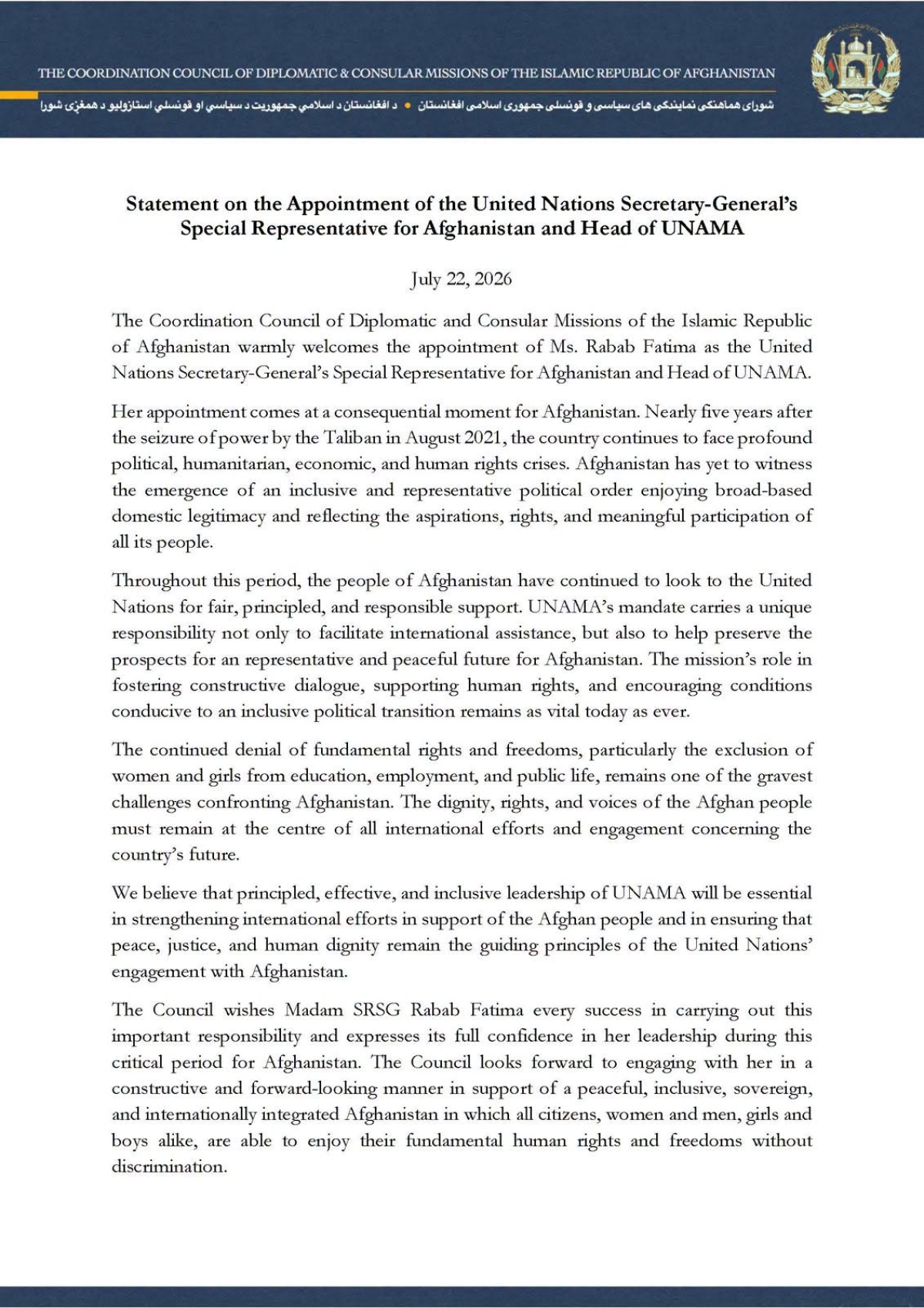 Statement on the Appointment of the United Nations Secretary-General&rsquo;s Special Representative for Afghanistan and Head of UNAMA