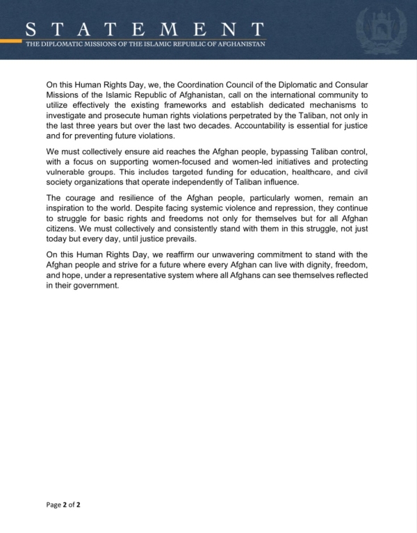Statement of the Coordination Council of Diplomatic and Consular Missions of the Islamic Republic of Afghanistan on Human Rights Day