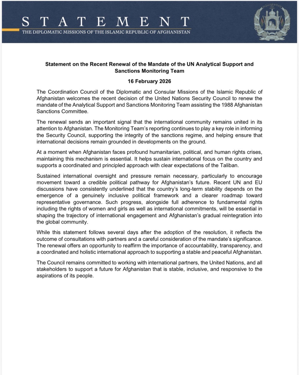 Statement of the Coordination Council of the Diplomatic and Consular Missions of the Islamic Republic of Afghanistan on the Recent Renewal of the Mandate of the UN Analytical Support and Sanctions Monitoring Team,