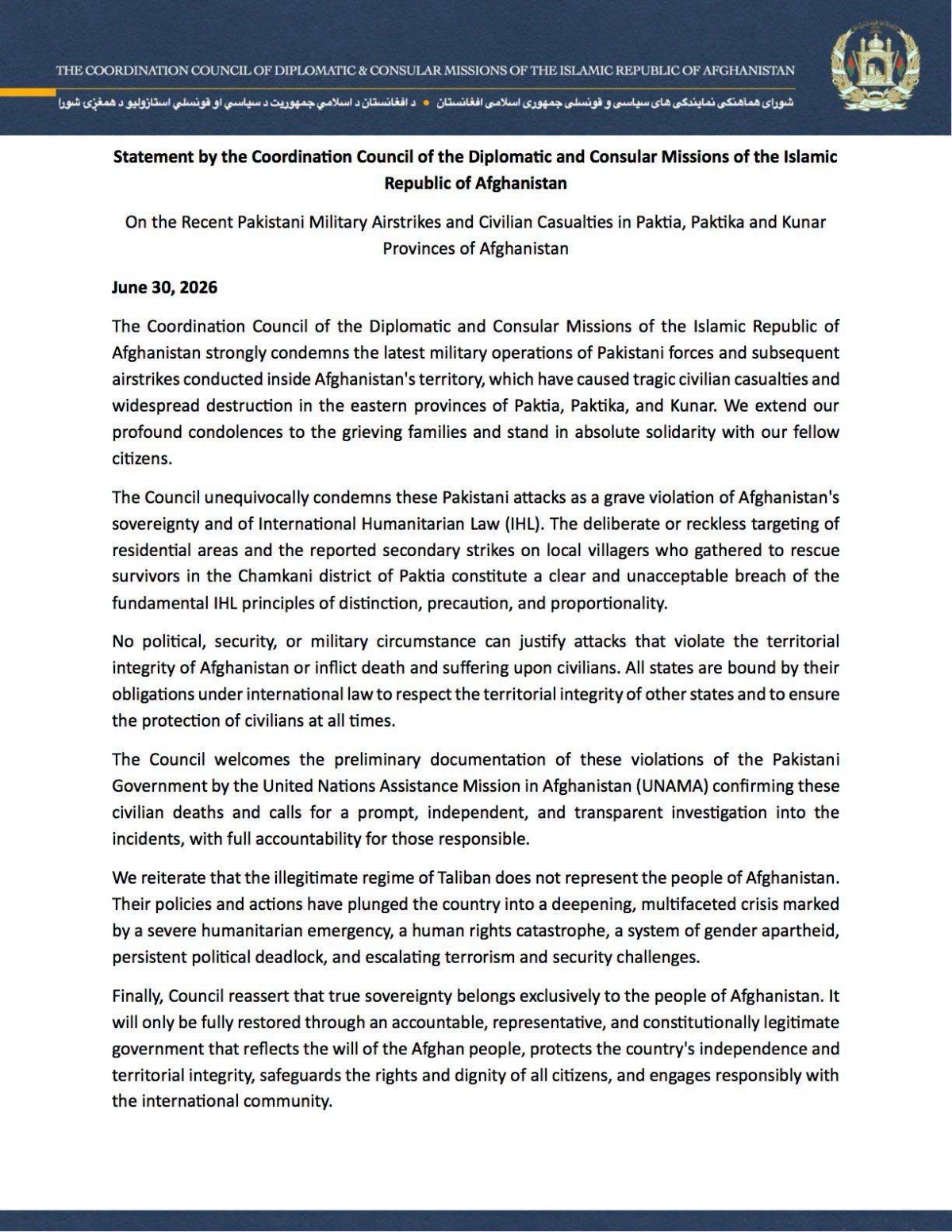 Statement by the Coordination Council of the Diplomatic and Consular Missions of the Islamic Republic of Afghanistan  on the Recent Pakistani Military Airstrikes and Civilian Casualties in Paktia, Paktika and Kunar Provinces